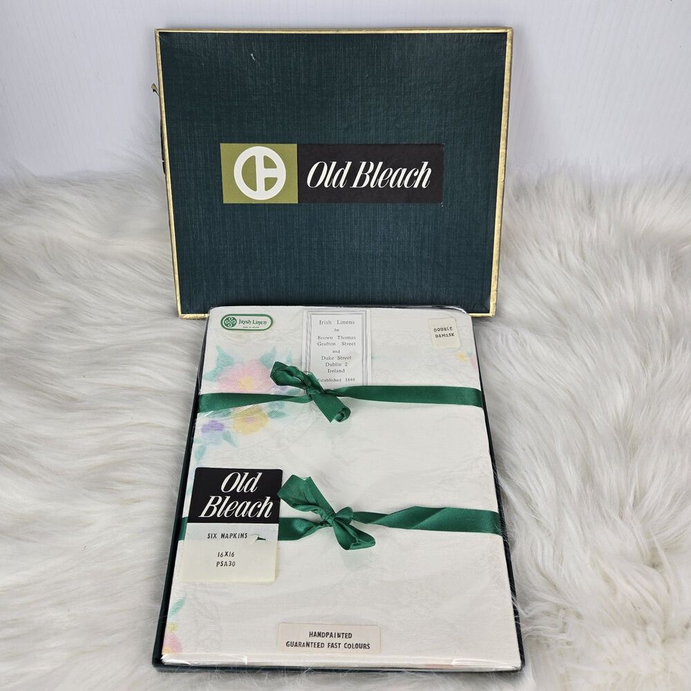 NEW Set 6 Old Bleach Napkins Irish Linens Canterbury Double Damask White Floral